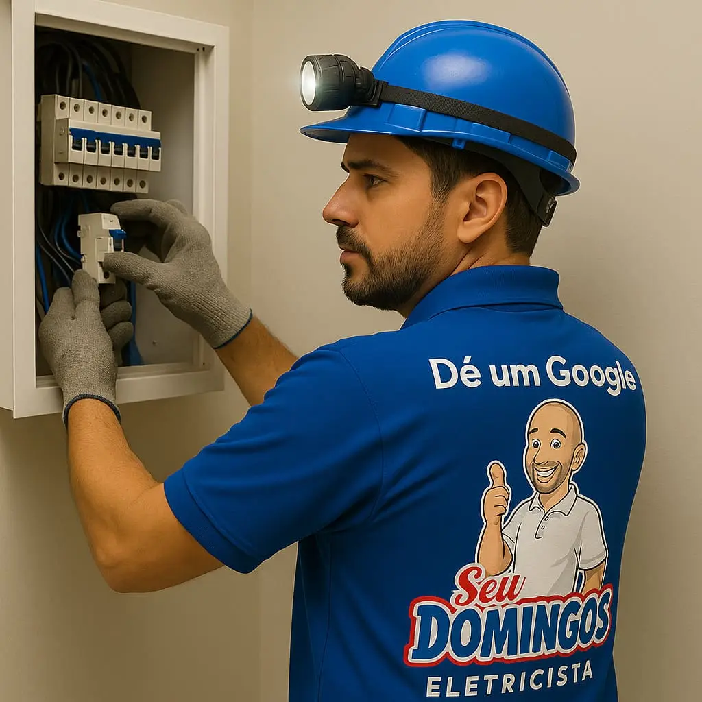 Eletricista realizando troca de disjuntor urgente no Butantã durante a noite com lanterna na cabeça