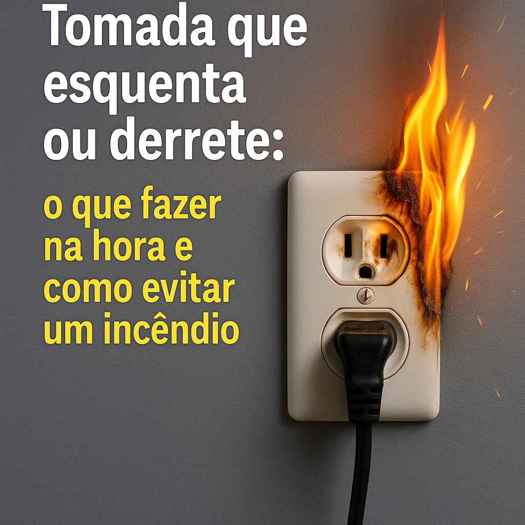 Tomada elétrica esquentando com sinais de derretimento e chama visível, representando risco de incêndio residencial.