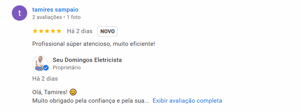 Comentário de cliente feliz com SEU DOMINGOS ELETRICISTA