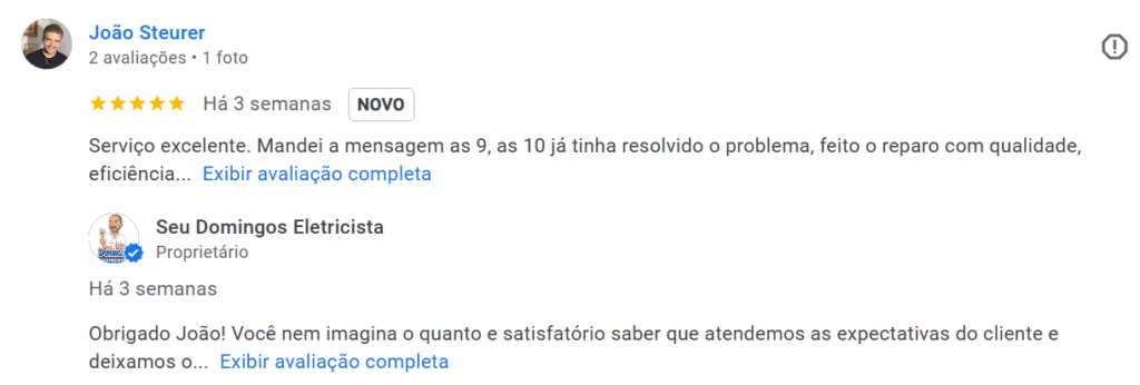 Comentário de cliente feliz com serviço de eletricidade SEU DOMINGOS ELETRICISTA
