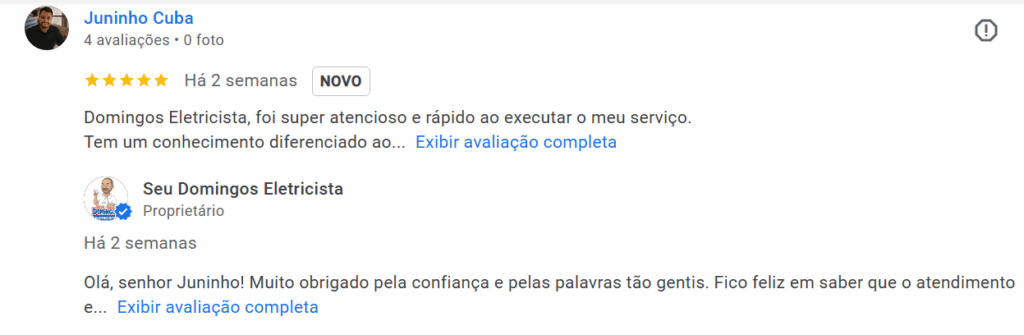 Comentário no Google do SEU DOMINGOS ELETRICISTA