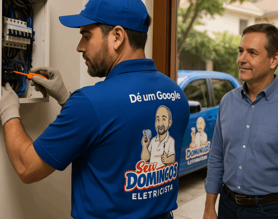 Eletricista SEU DOMINGOS ELETRICISTA atendendo o cliente