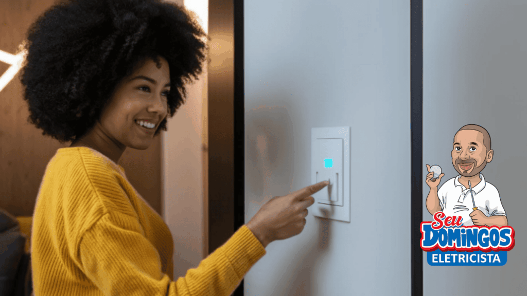 Mulher feliz com interruptor inteligente