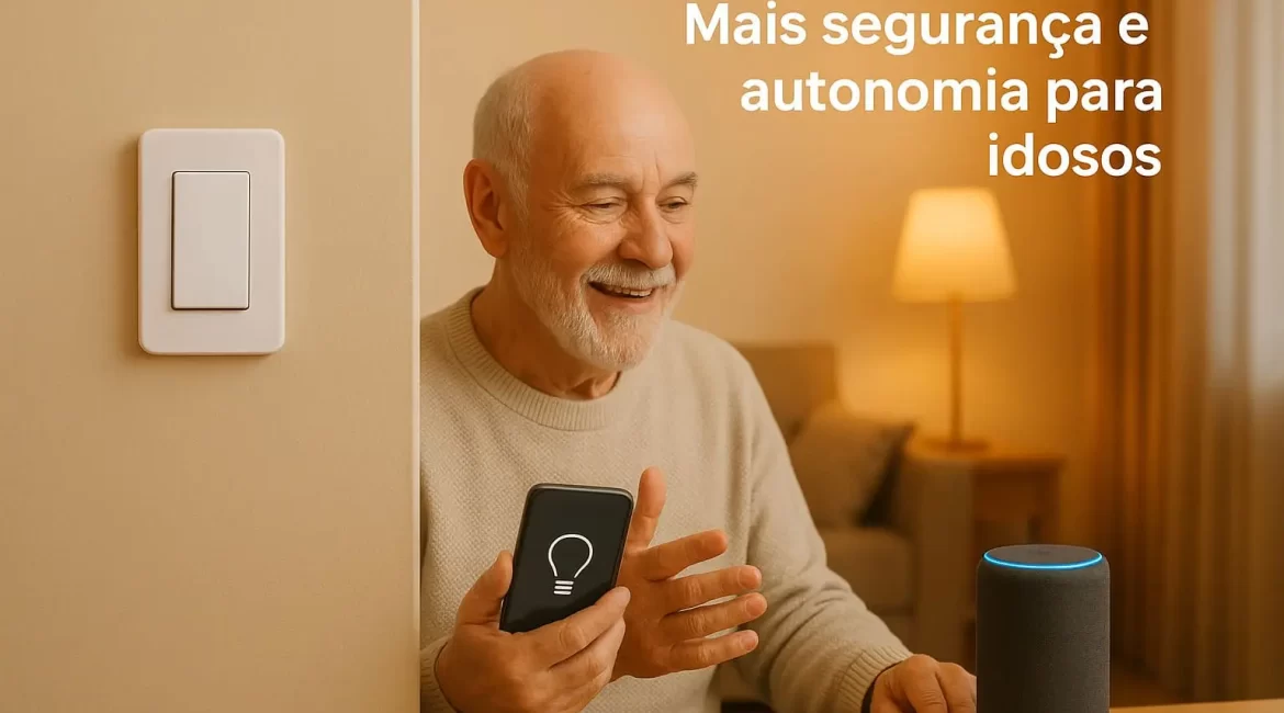 Interruptores inteligentes para idosos instalados em uma sala, facilitando o controle de iluminação de forma segura e prática.
