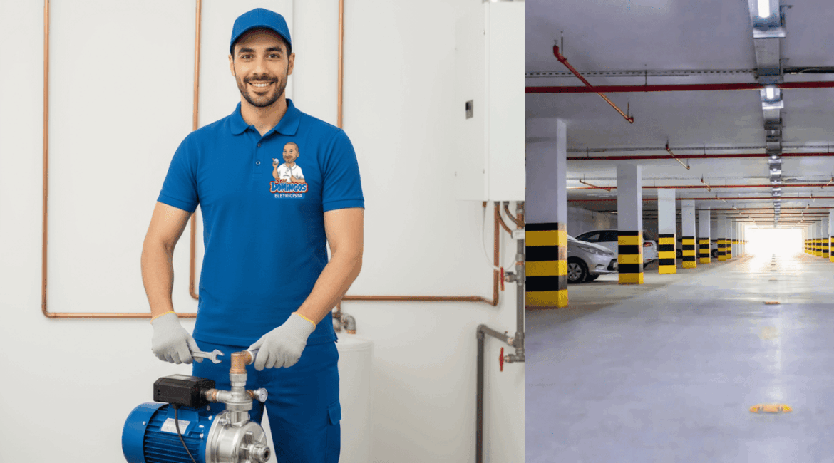 Eletricista da equipe Seu Domingos Eletricista instalando bomba de água na garagem