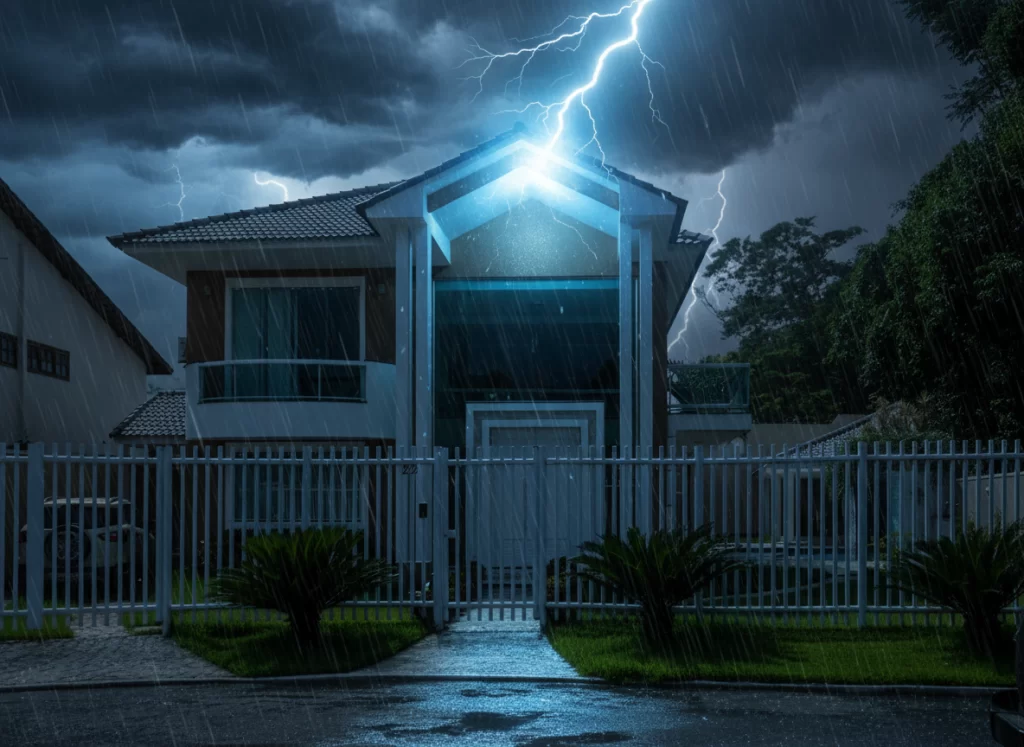 Casa com raio durante tempestade