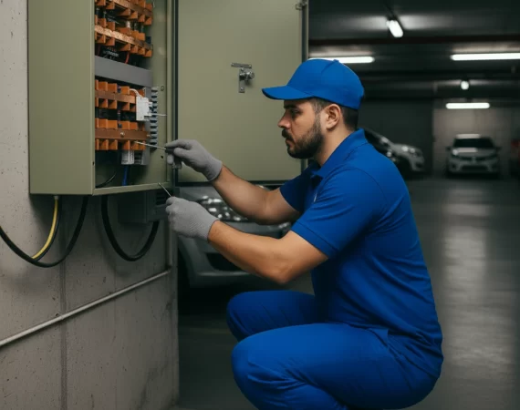Eletricista agachado trocando chave seccionadora - SEU DOMINGOS ELETRICISTA