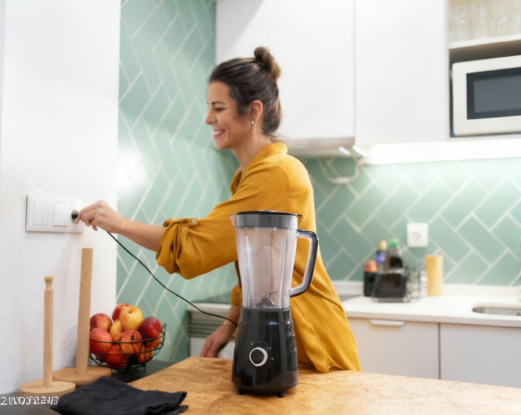 Mulher ligando liquidificador na tomada