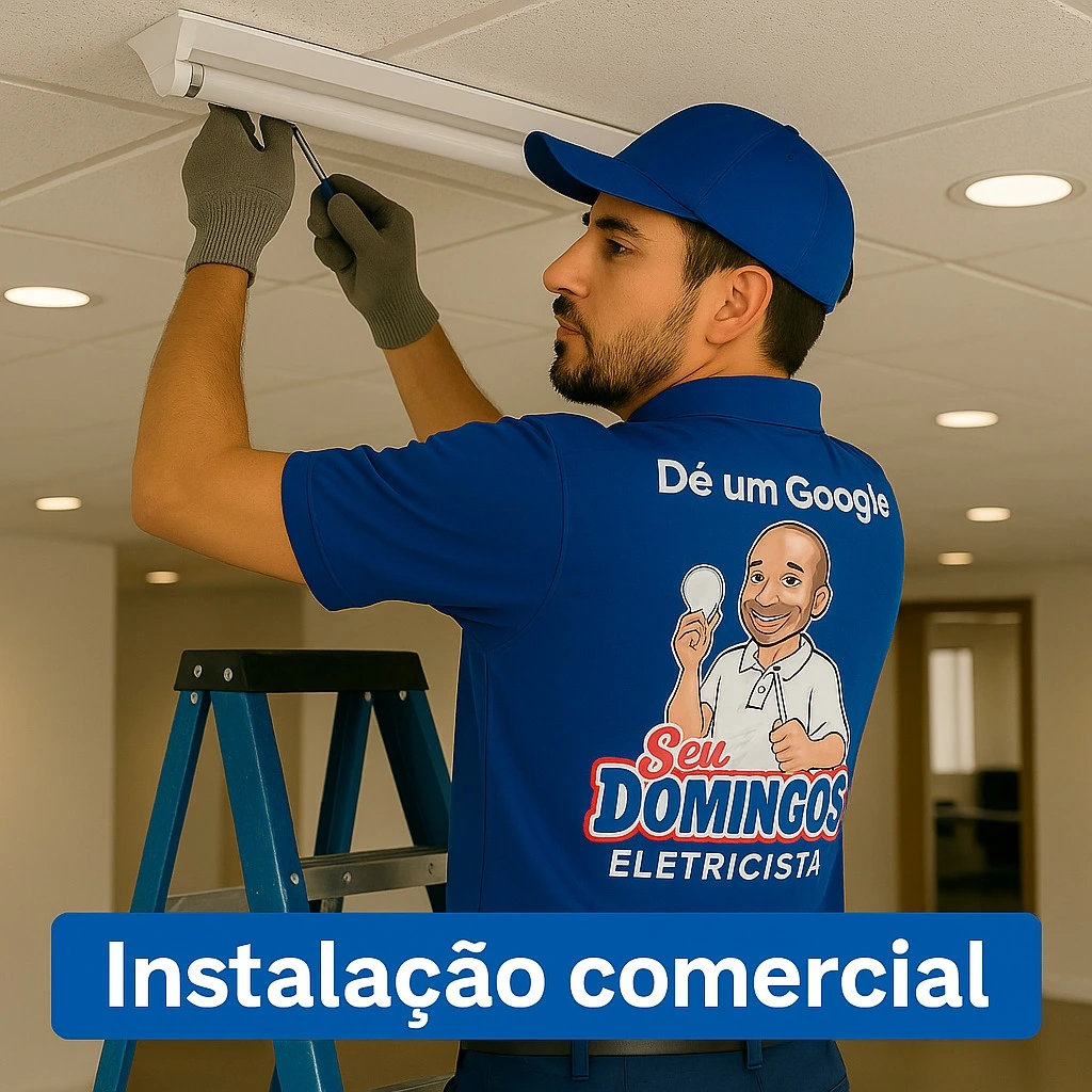 Eletricista do Seu Domingos Eletricista instalando luminária em comércio usando escada