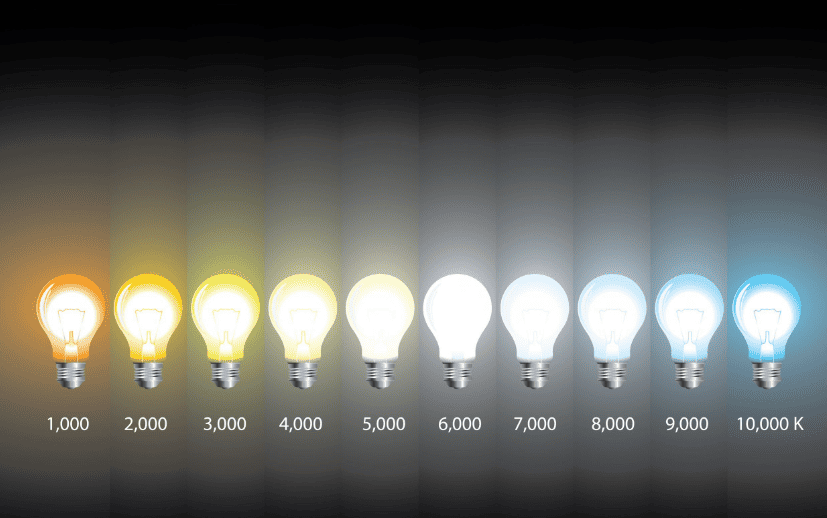 Várias lâmpadas mostrando diferentes tons de luz e intensidade luminosa