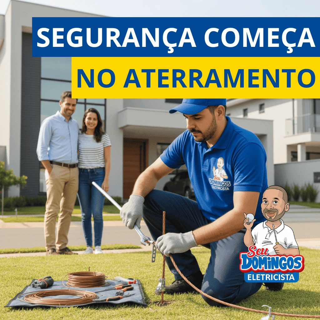 Eletricista do Seu Domingos Eletricista instalando aterramento elétrico fora da casa enquanto casal de clientes observa