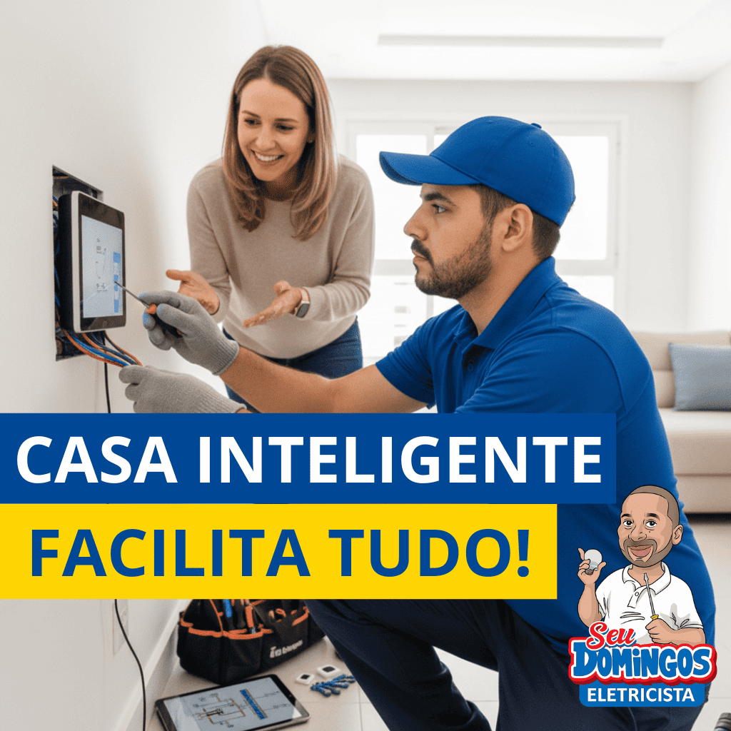Técnico da empresa Seu Domingos Eletricista instalando placas de casa inteligente enquanto cliente observa
