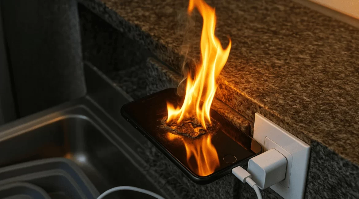 Celular pegando fogo próximo à tomada devido a falha elétrica ou sobrecarga