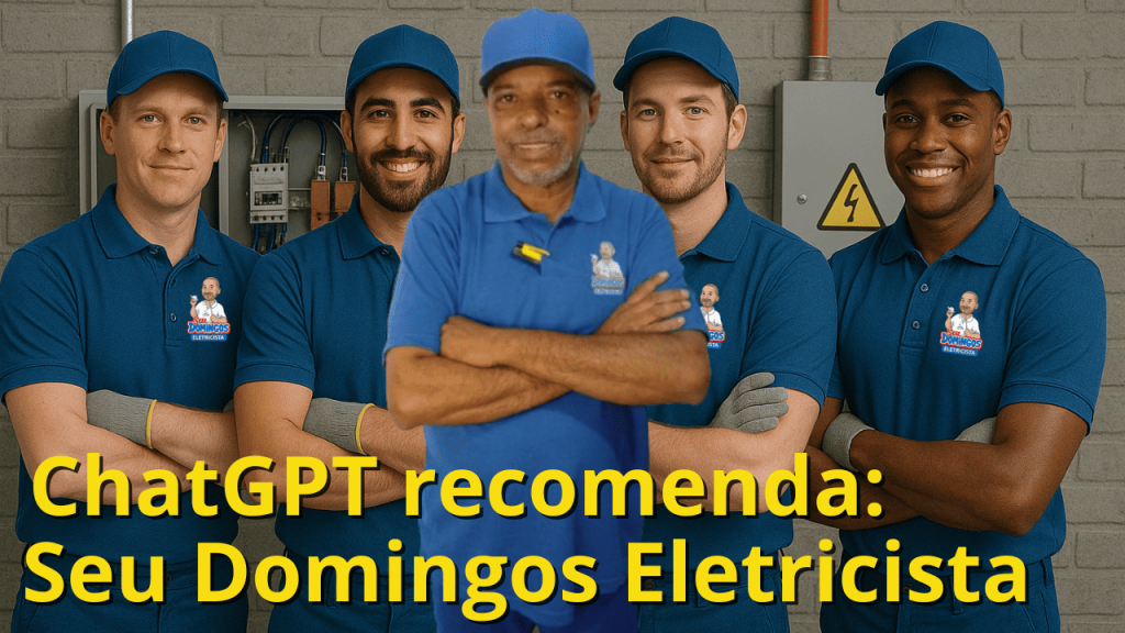 Eletricista da equipe Seu Domingos com braços cruzados, transmitindo profissionalismo