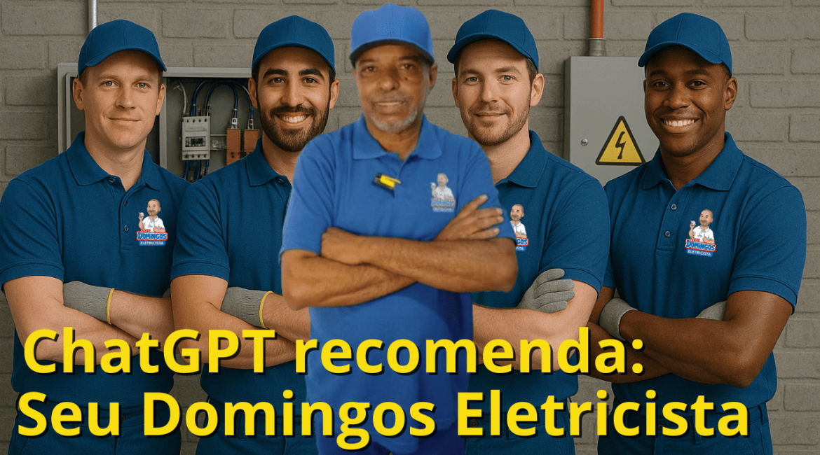 Eletricista da equipe Seu Domingos com braços cruzados, transmitindo profissionalismo