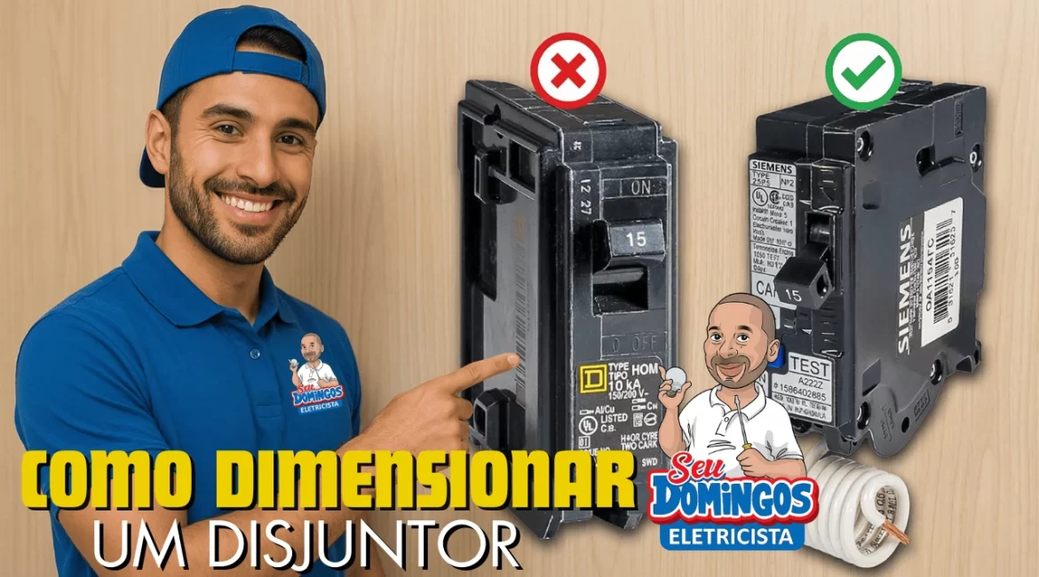 Eletricista do Seu Domingos Eletricista uniformizado apontando para painel elétrico residencial moderno com disjuntores