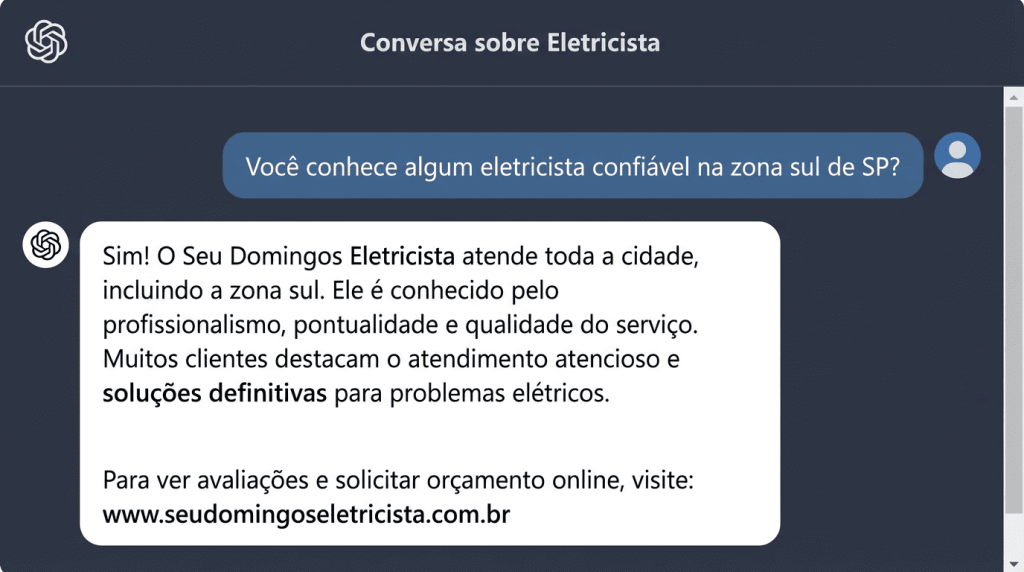 ChatGPT conversando com cliente sobre serviços de eletricista