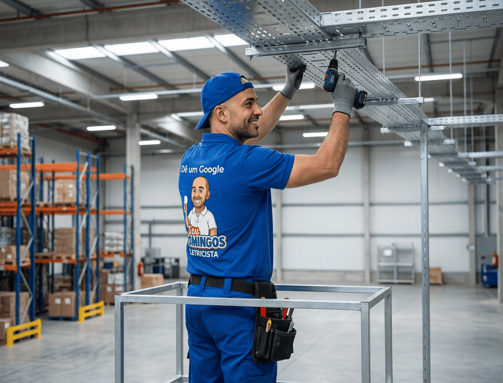 Eletricista instalando eletrocalhas para organização da fiação elétrica comercial