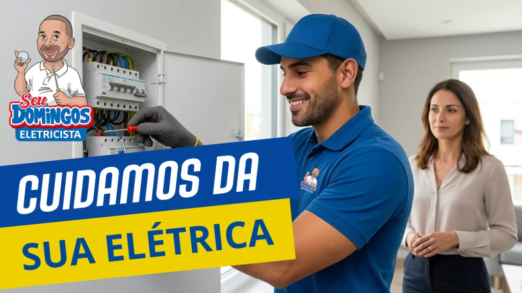 Eletricista do Seu Domingos Eletricista trocando disjuntor no quadro elétrico com a cliente satisfeita ao lado