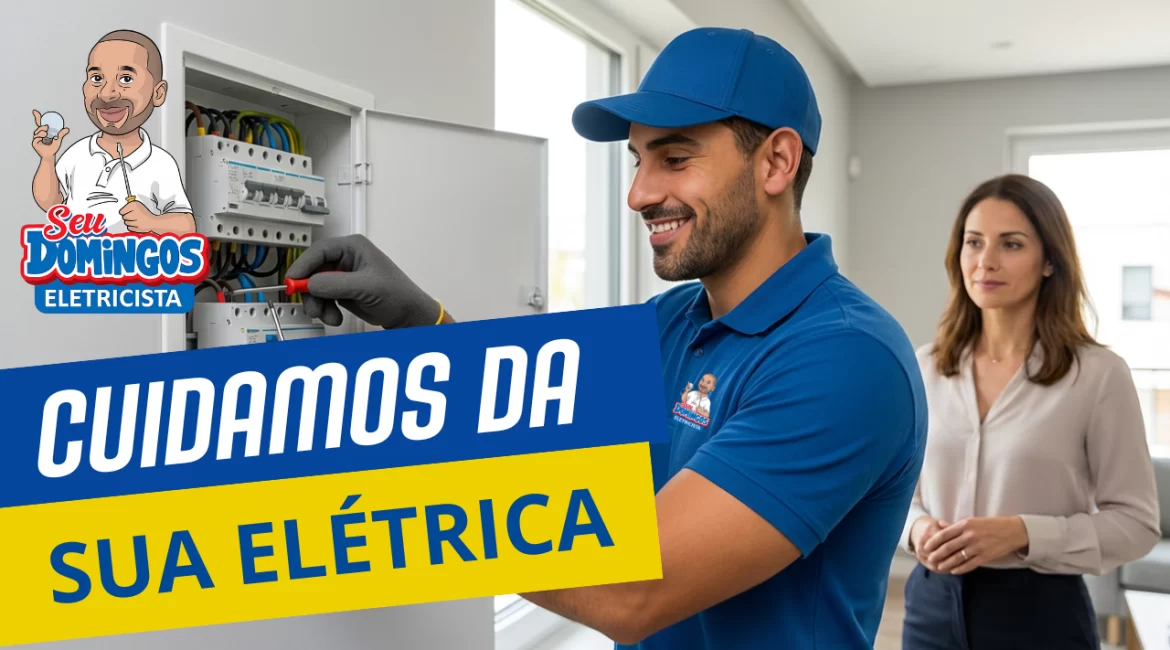 Eletricista do Seu Domingos Eletricista trocando disjuntor no quadro elétrico com a cliente satisfeita ao lado