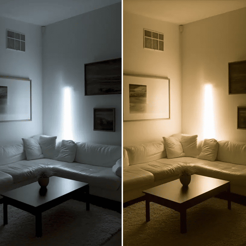 Comparação entre temperaturas de cor da iluminação mostrando luz quente, neutra e fria