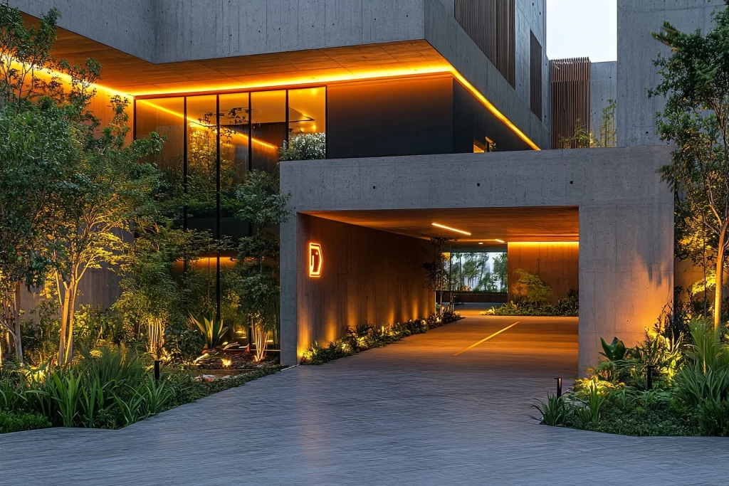 Iluminação de fachada externa valorizando a arquitetura da casa e aumentando a segurança noturna