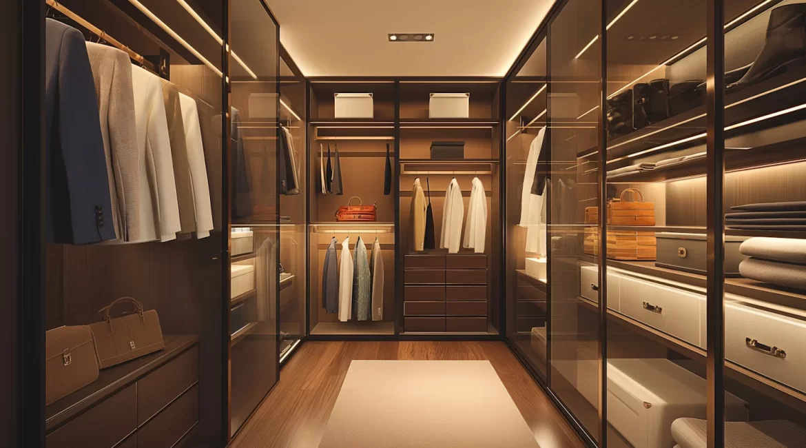 Iluminação de closet em quarto luxuoso com design moderno e sofisticado