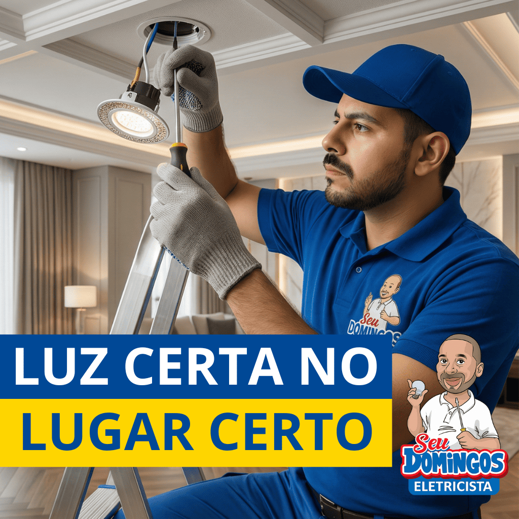 Equipe do Seu Domingos Eletricista instalando luminária Di Croida em apartamento residencial