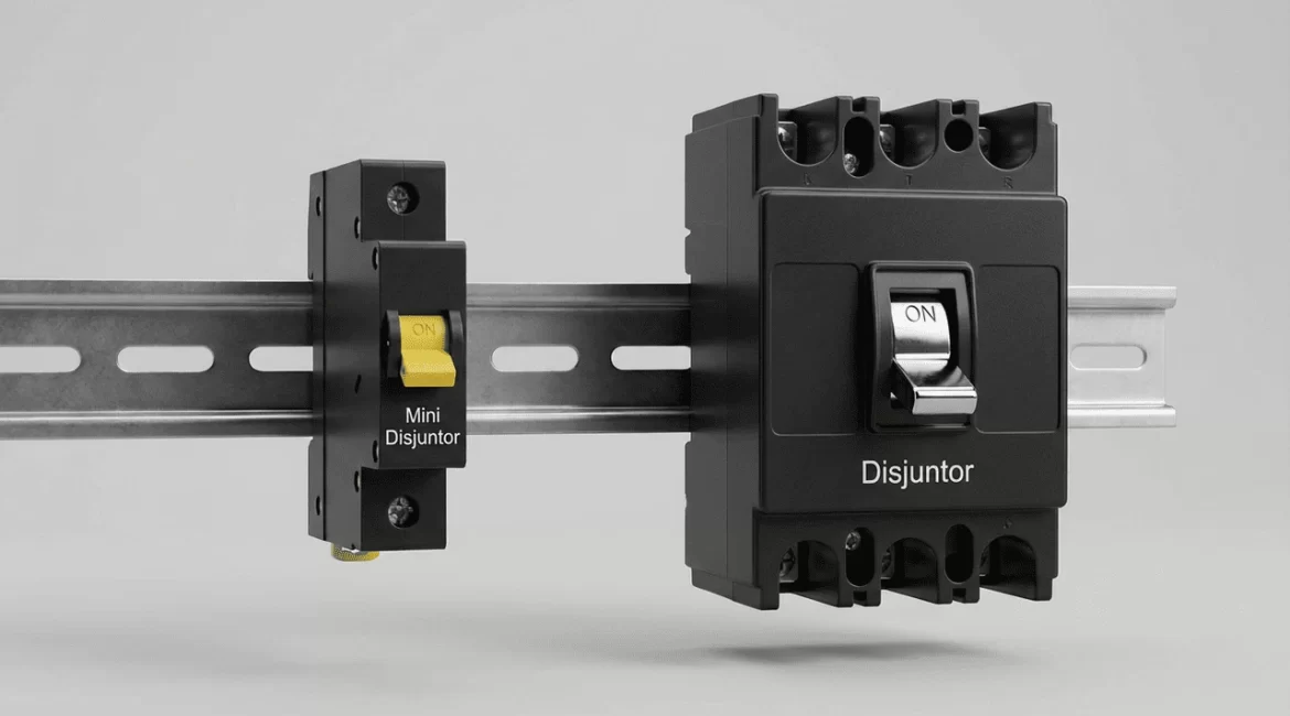 Comparação entre mini disjuntor e disjuntor comum em quadro elétrico residencial