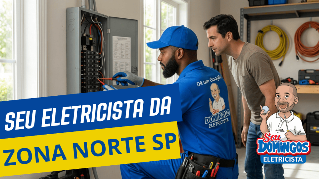 Eletricista profissional do Seu Domingos Eletricista realizando manutenção em quadro de distribuição para cliente na Zona Norte de São Paulo.