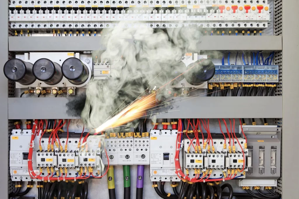 Quadro de energia com sinais de fogo causado por sobrecarga elétrica