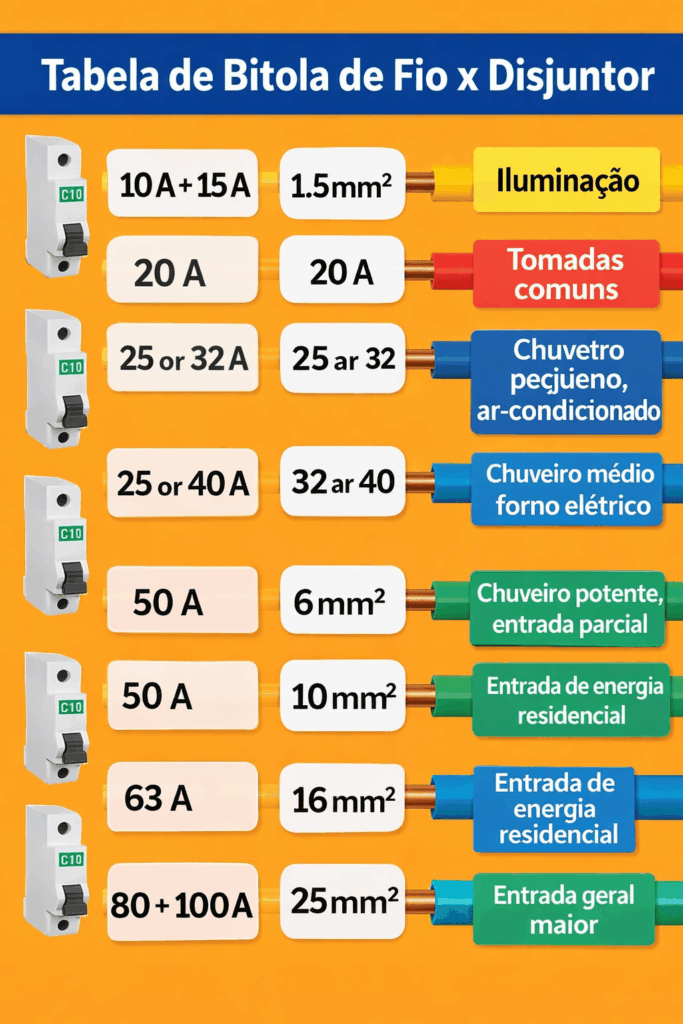 Tabela de bitola de fio e disjuntor utilizada no Brasil conforme padrão residencial