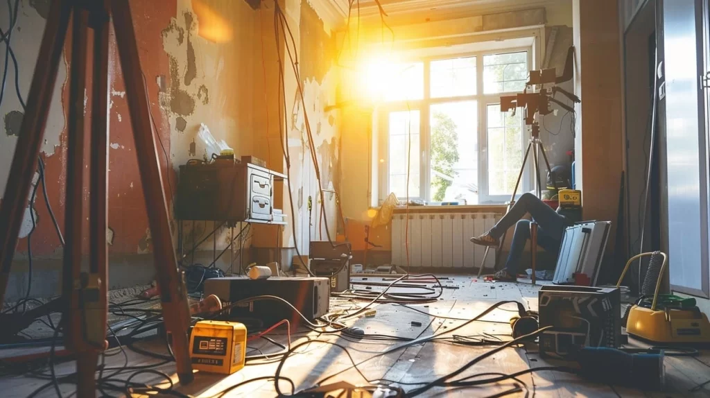 Eletricista refazendo a fiação elétrica de uma casa residencial