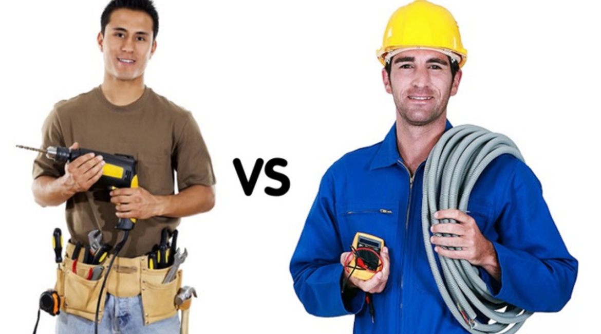 Dois profissionais, um eletricista e um faz-tudo, demonstrando serviços gerais e especializados