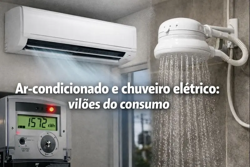 Ar-condicionado e chuveiro elétrico ligados, representando consumo elevado de energia