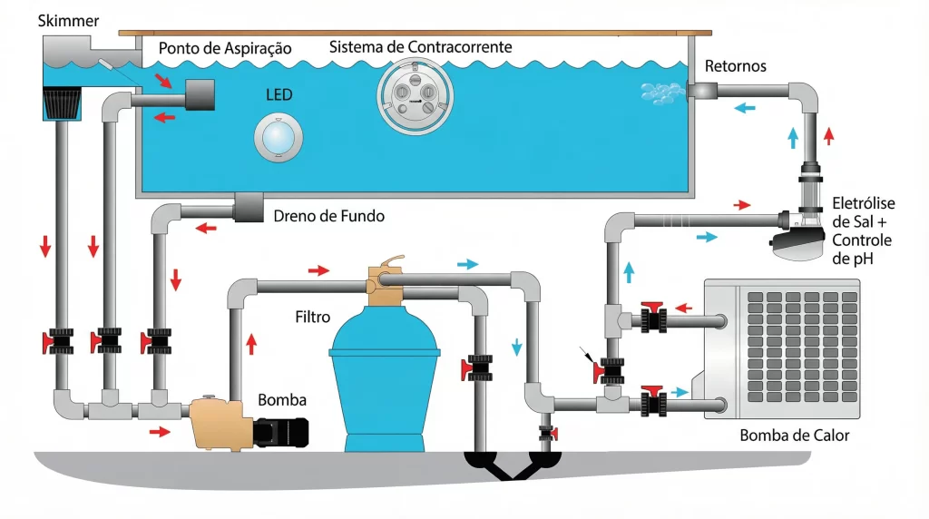 Diagrama detalhado mostrando passo a passo o tratamento de piscina residencial