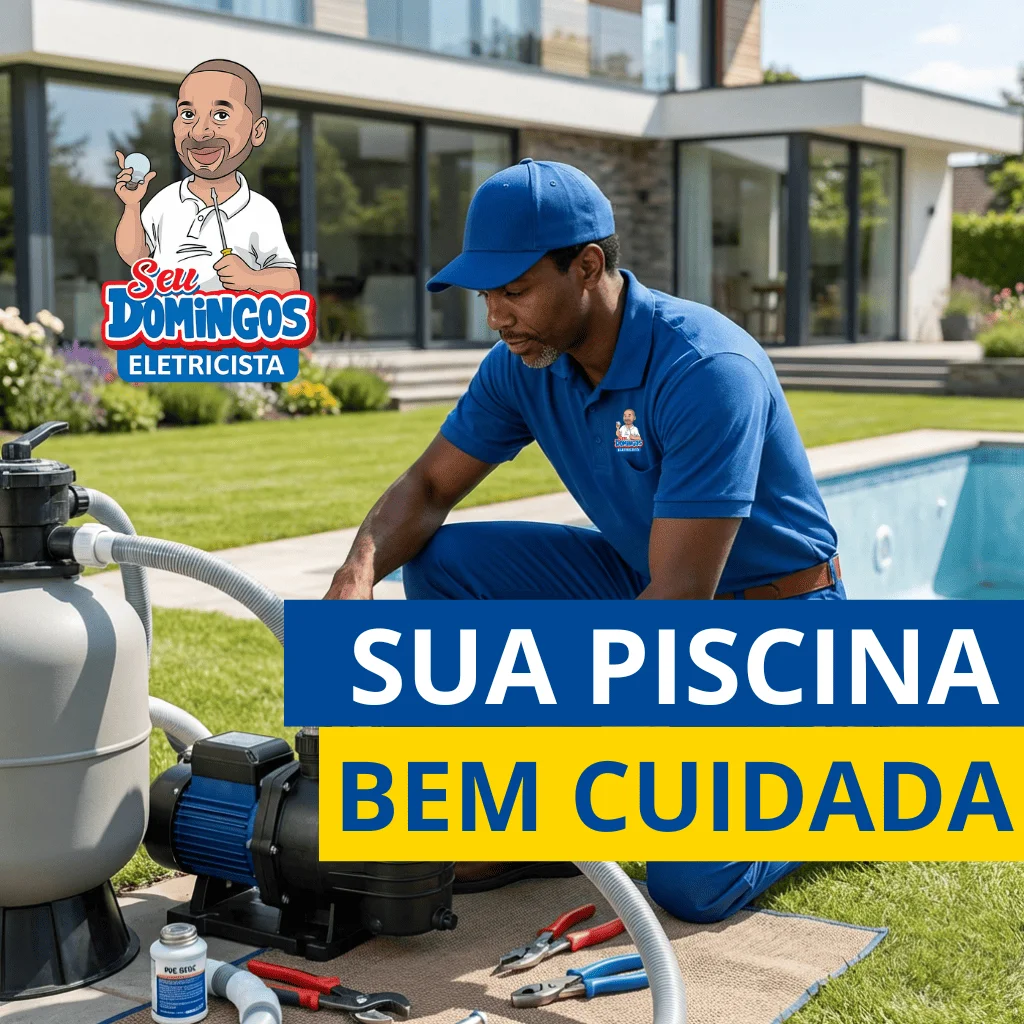 Eletricista da equipe Seu Domingos Eletricista instalando bomba de piscina em jardim residencial, com piscina ao fundo