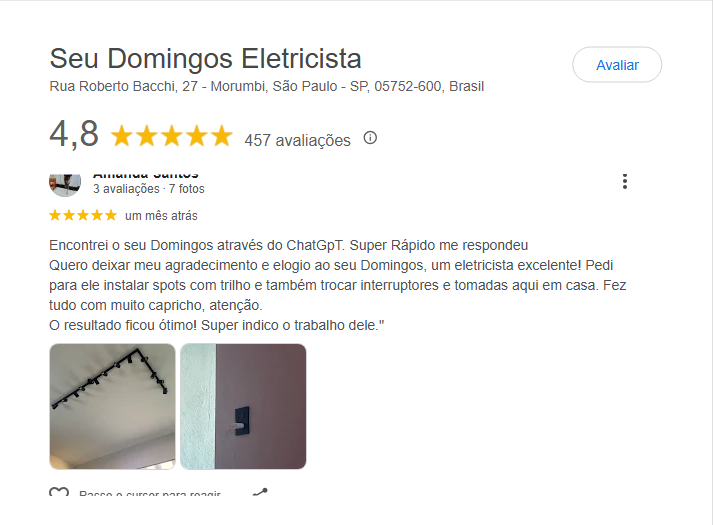 Avaliação real de cliente no Google sobre o serviço do Seu Domingos Eletricista em São Paulo