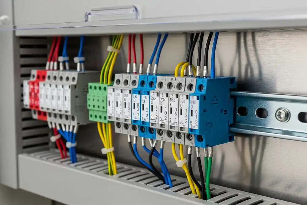 Quadro de disjuntores com trilho DIN organizando os dispositivos elétricos