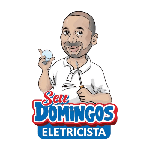 Caricatura do Seu Domingos Eletricista segurando uma lâmpada e uma chave de fenda, representando a marca de serviços elétricos residenciais e comerciais