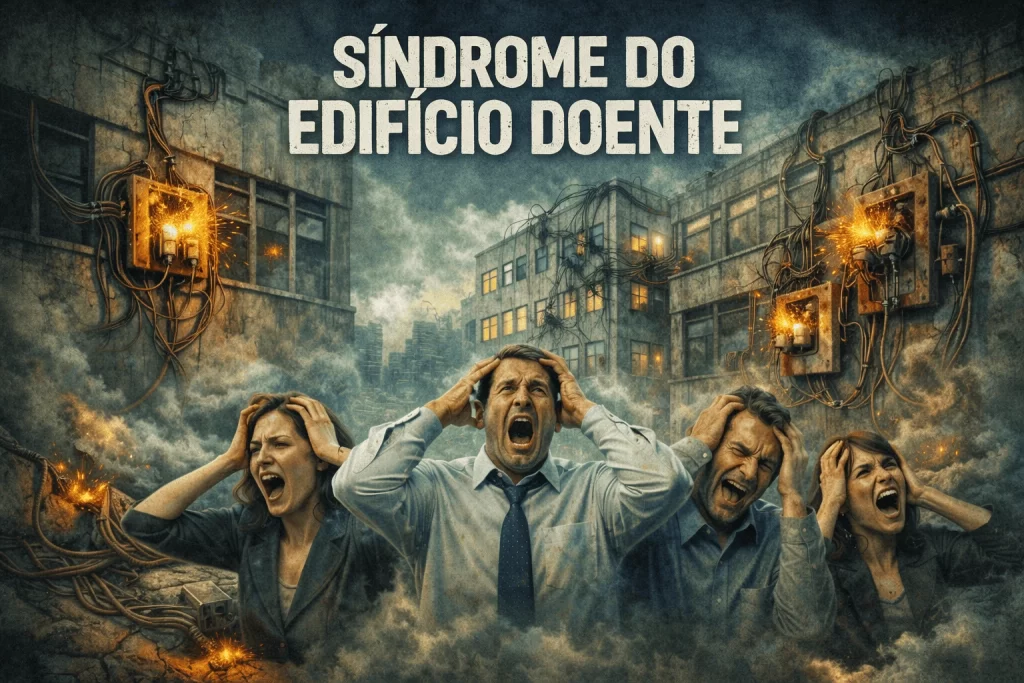 Prédio em chamas representando riscos associados à síndrome do edifício doente
