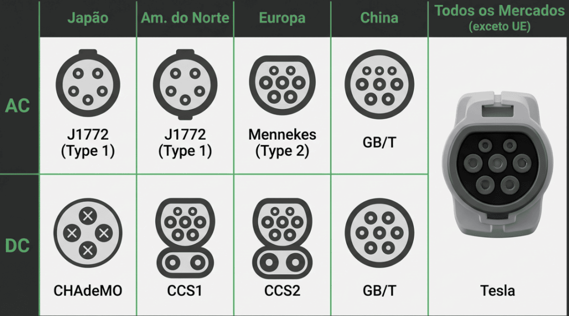 Diferentes tipos de conectores de carregamento de veículos elétricos usados mundialmente