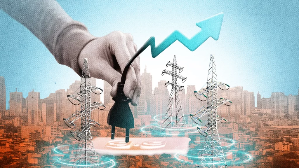 Mão conectando plugue simbólico em torres de transmissão de energia