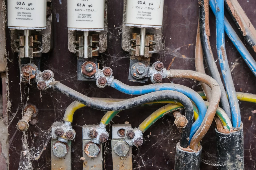 Sistema elétrico antigo com fiação e componentes desatualizados