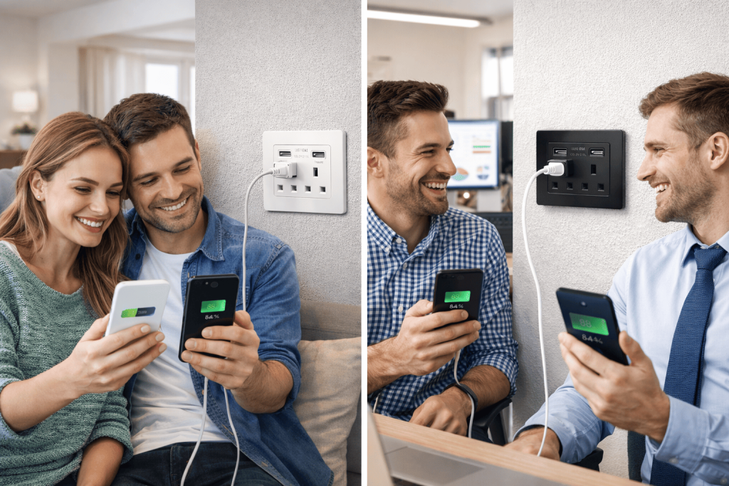 Carregadores USB instalados em parede de ambiente moderno