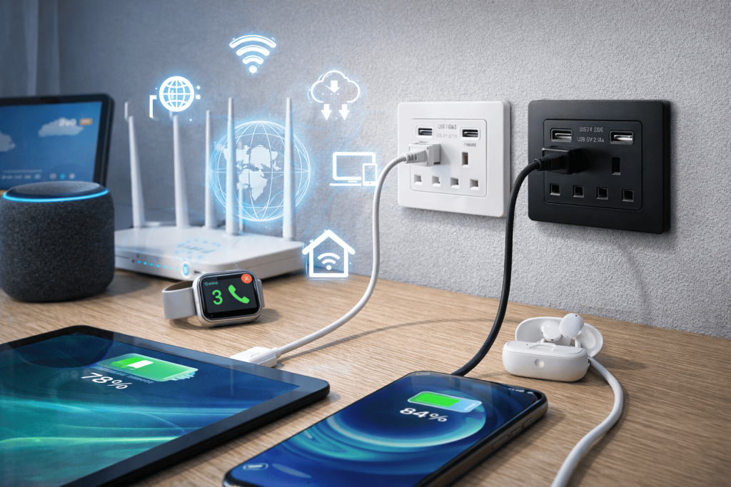 Pessoa carregando smartphone e tablet usando tomadas modernas