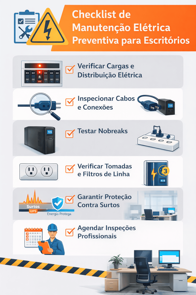 Infográfico com checklist de manutenção elétrica preventiva em escritório