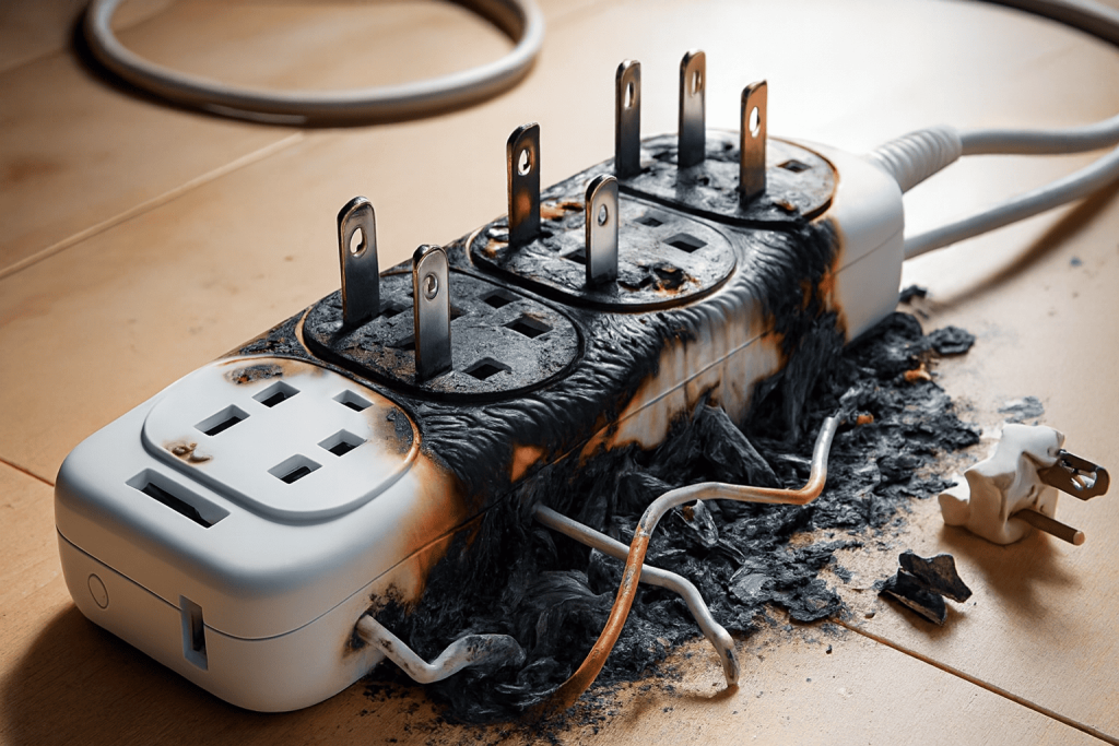 Extensão elétrica pegando fogo devido à sobrecarga