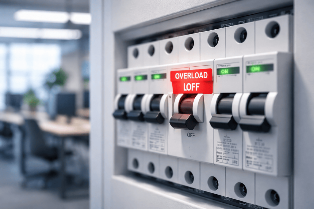 Disjuntor com LED aceso indicando sobrecarga em escritório moderno
