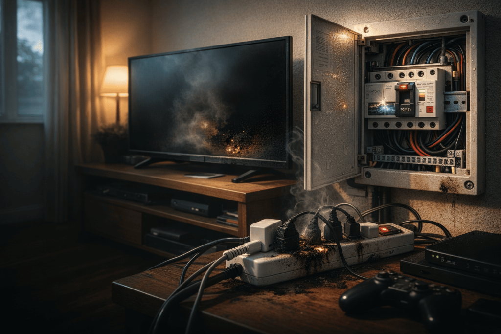 Incêndio em equipamento eletrônico após queda e retorno de energia